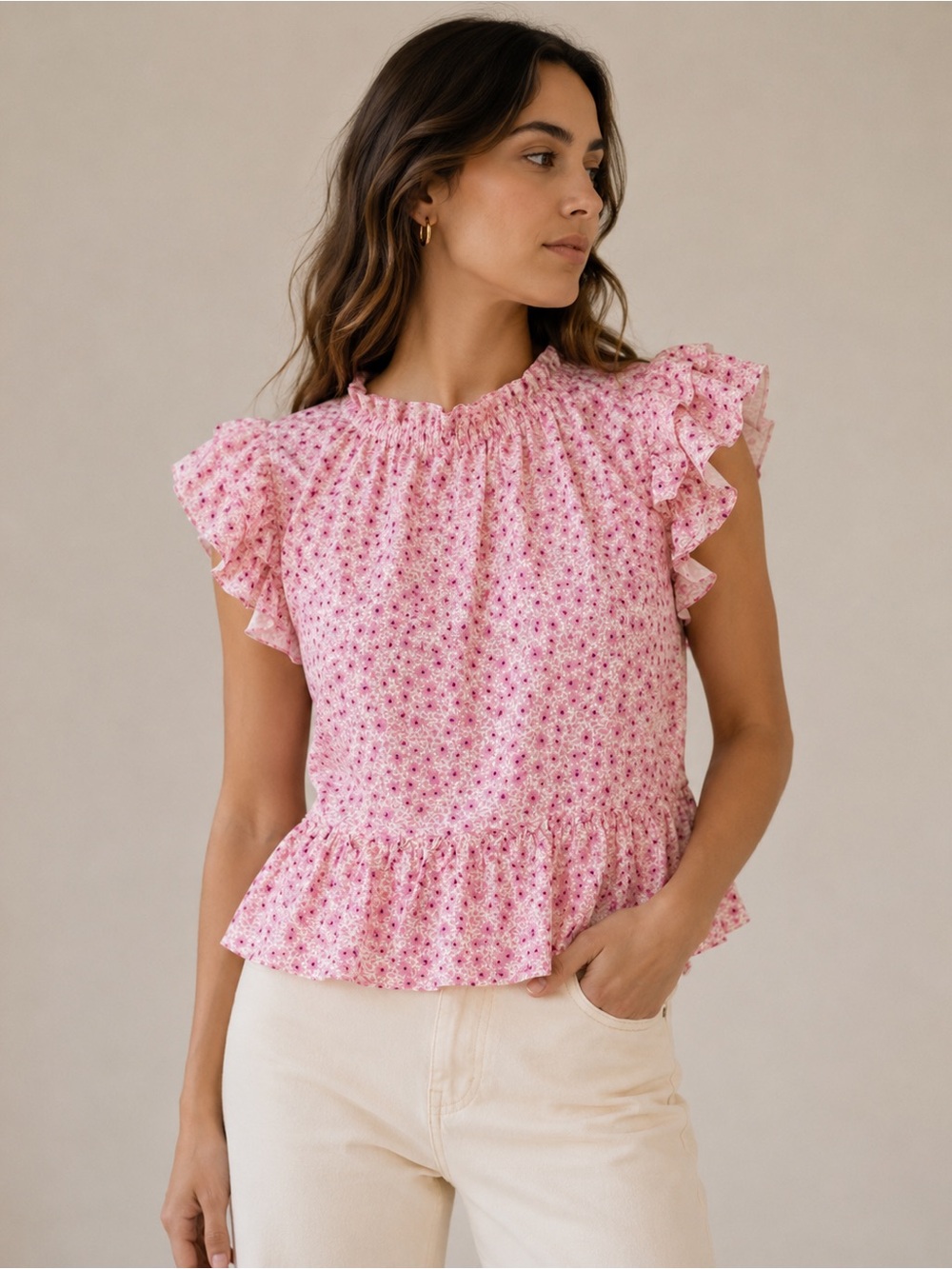 Hudson Gray Floral Ruffle Sleeve Pink Peplum Blouse Size Small